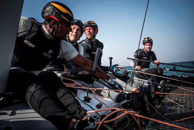 Onboard with Oman Air on the second day of racing in Muscat, Oman, where the team finished the day at the top of the Act leaderboard – Extreme Sailing Series © Lloyd Images http://lloydimagesgallery.photoshelter.com/